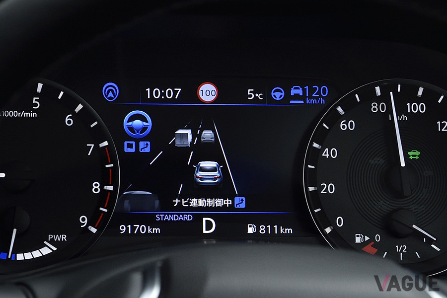 ハンドル支援作動状態は、ブルーの表示色のときは、ハンズオフでの車線内走行が可能な状態。車線変更支援機能も使える
