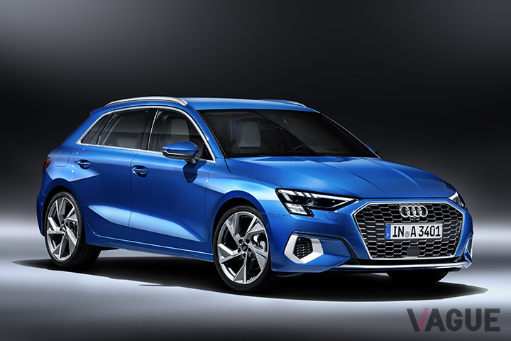 アウディ新型「A3スポーツバック」。マトリクスLEDヘッドライトのデジタルデイタイムランニングライトが特徴的だ