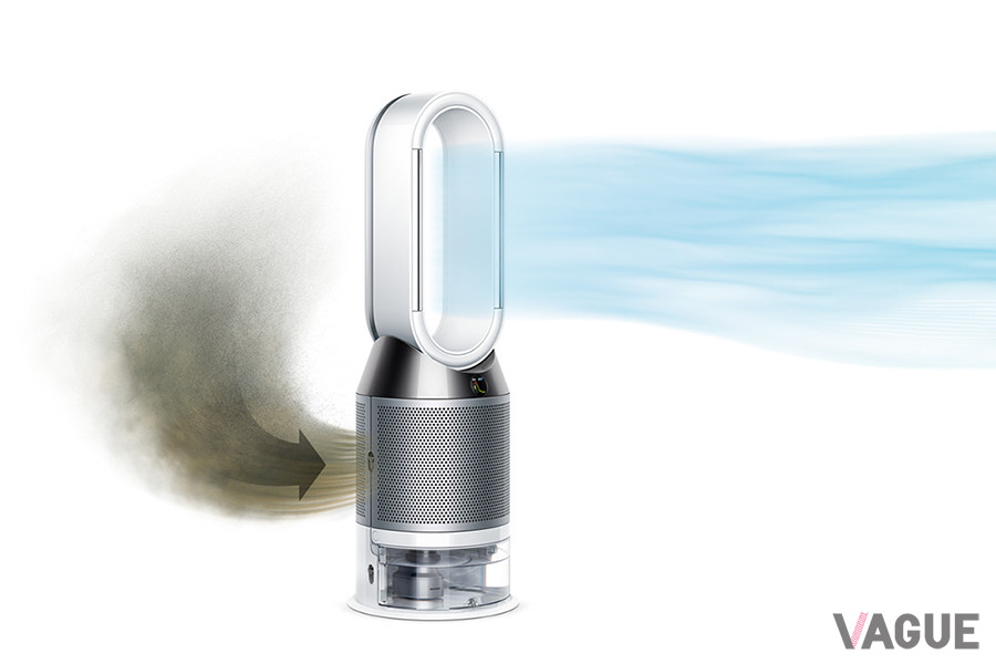 ダイソンの空気清浄システムは、密閉性の高い360˚グラスHEPAフィルターが、空気中から花粉（PM10）より小さい、PM0.1レベルの微細な粒子を捕える