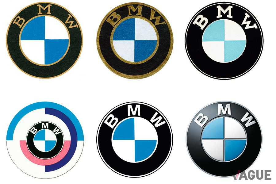 BMWロゴの変遷。左上から1917年、1933年、1954年、左下が1974年、1979年、2007年。2020年に新しいブランドデザインが導入された