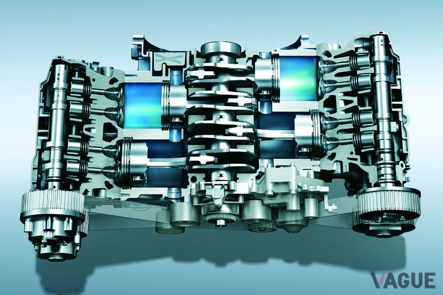 スバル「EJ20」型水平対向4気筒エンジンのカット図