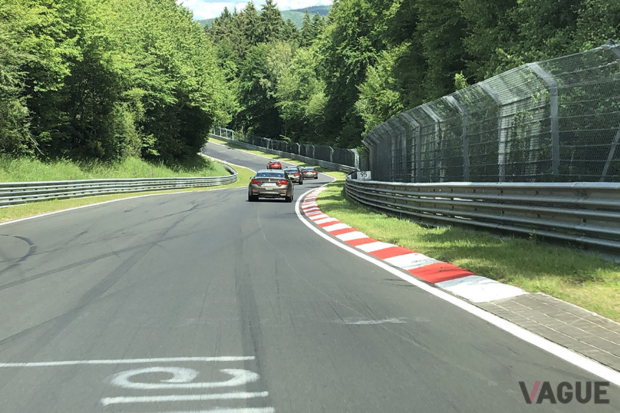 Fucksrohre。谷底に向かうところ。右の縁石に最後まで沿って走り、やや遅めに左の縁石に付く。そのあとはすぐに登りになるが右の縁石に沿って直線的なブレーキング