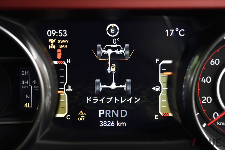 ドライブトレインの情報は、メーターパネル中央に表示される