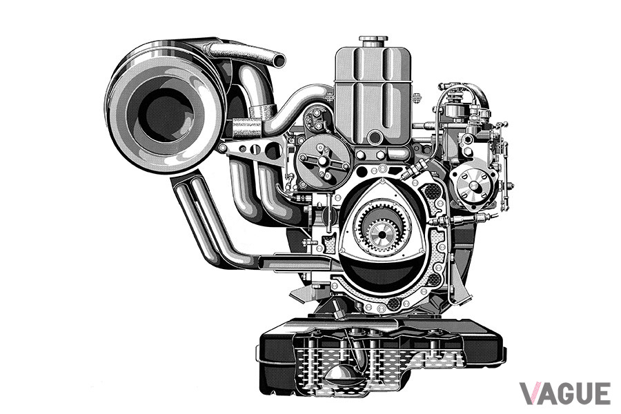 エンジンにはコンパクトでパワフルなロータリーを採用した。250psの3ローター（1.8リッター）からスタートし、350psの4ローターも搭載した