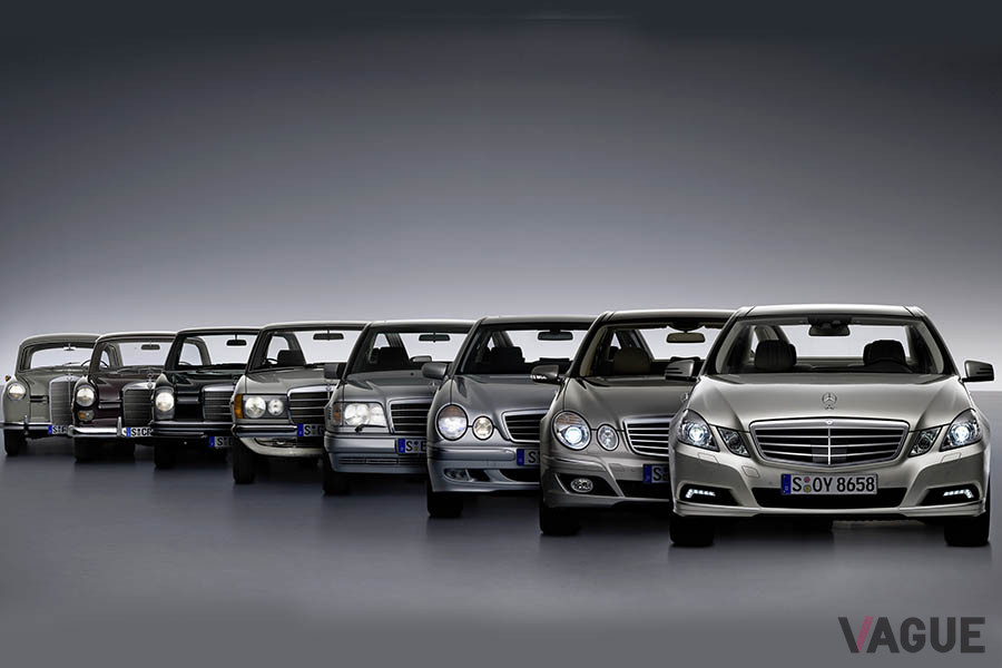 Eクラスの歴史。左からW120型、W110型、W114型、W123型、W124型、W210型、W211型、W212型