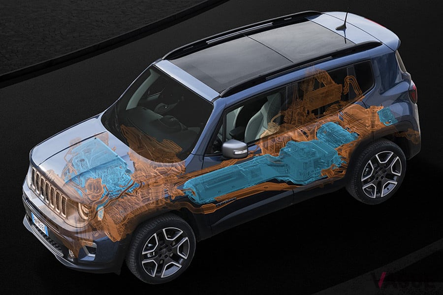 レネゲード4xeは、1.3リッター直列4気筒エンジンと電気モーター2基、6速オートマチックトランスミッション、リチウムイオンバッテリーからなるプラグインハイブリッドシステムを搭載