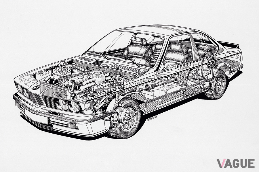 BMW「6シリーズ（E24）」の透視図。左ハンドルのため、ステアリングシャフトが無理なく通っているのがよく分かる