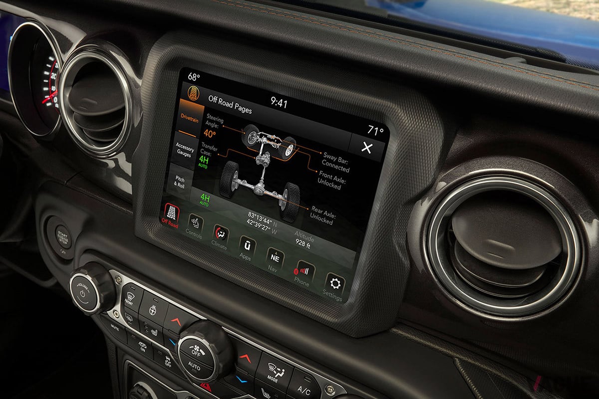 車内の8.4インチスクリーンに投影される「ジープ・オフロードページ」によってピッチやロール、高度、GPS座標、ドライブトレインのパワー配分などを確認することができる