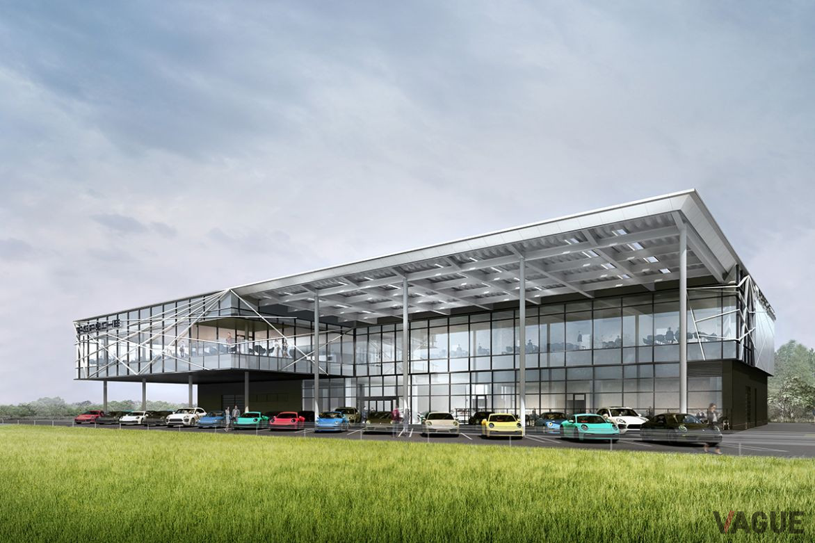 2021年夏にオープン予定の「ポルシェ・エクスペリエンスセンター東京」。併設される建物は、日本の伝統的工芸品の江戸切子をモチーフに外観のデザインを採用