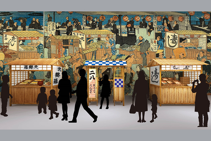 江戸時代の屋台の再現（イメージ）　背景画像：「東都名所高輪二十六夜待遊興之図」（部分）東京都江戸東京博物館蔵