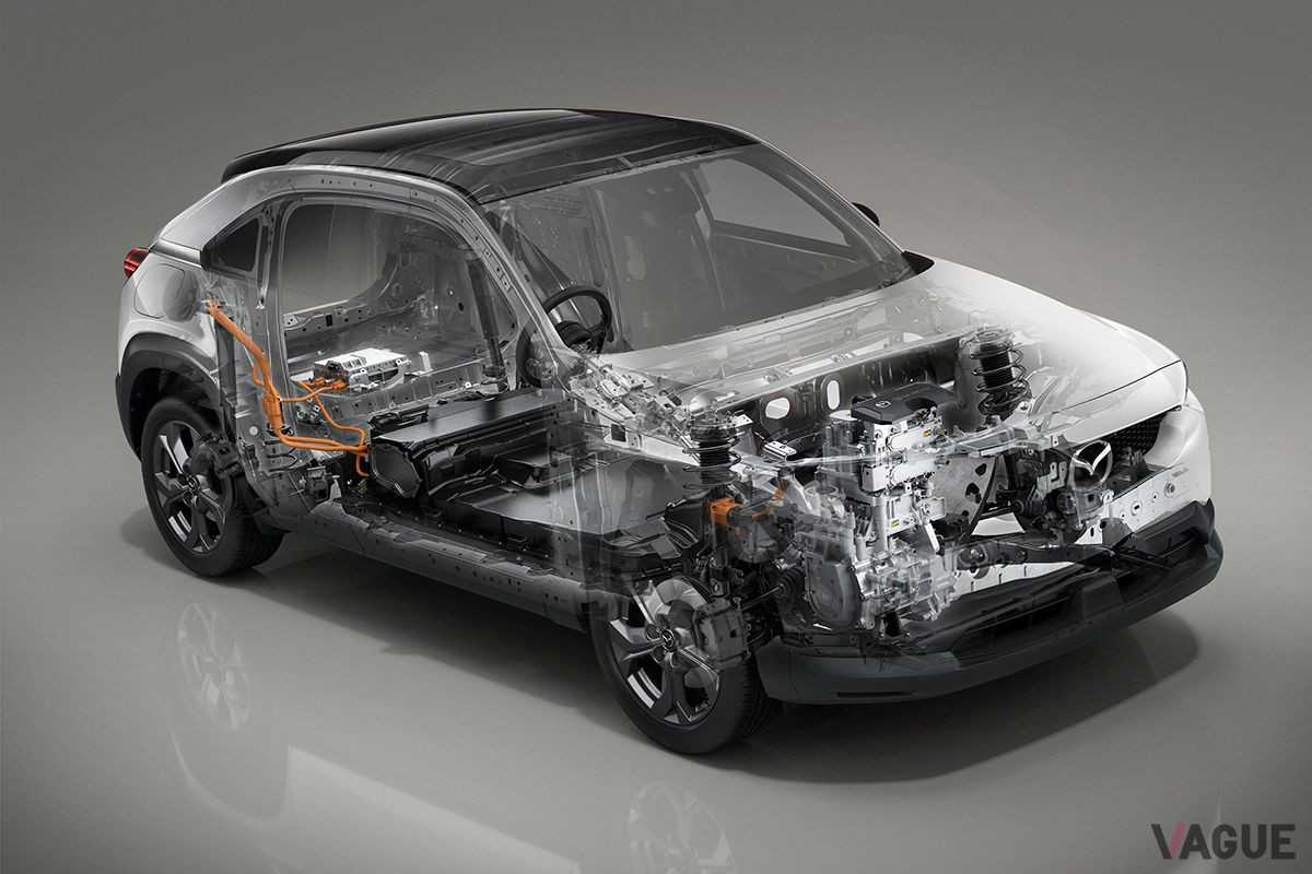 2021年1月に発売されたマツダ初の量産電気自動車「MX−30 EVモデル」の透視図