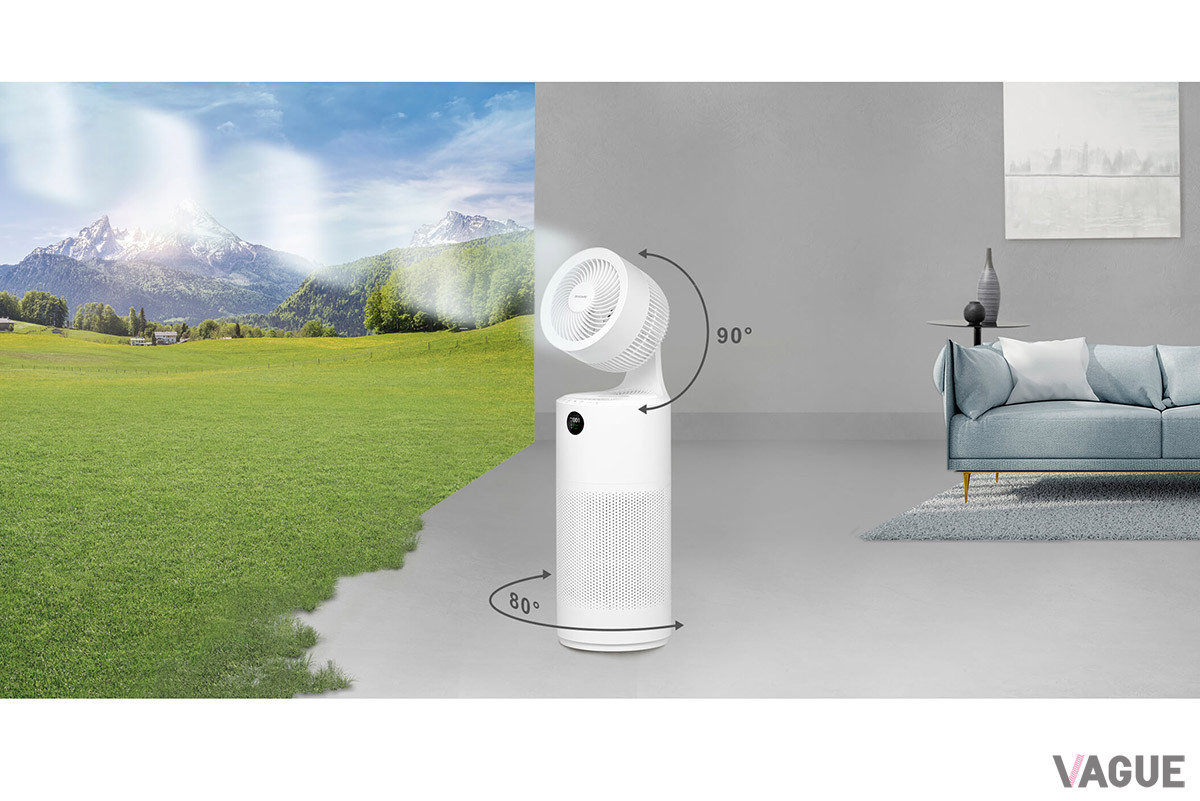 サーキュレーターは、左右80度、上下90度と立体的に首振り可能で、最大約12m先まで風を送り届ける