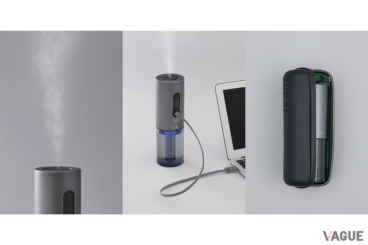 加湿量は最大約35ミリリットル／hとなかなか強力。充電はUSB-Cコネクタを介してパソコンやモバイルバッテリーからおこなう。携行に便利な専用のキャリングケースも付属