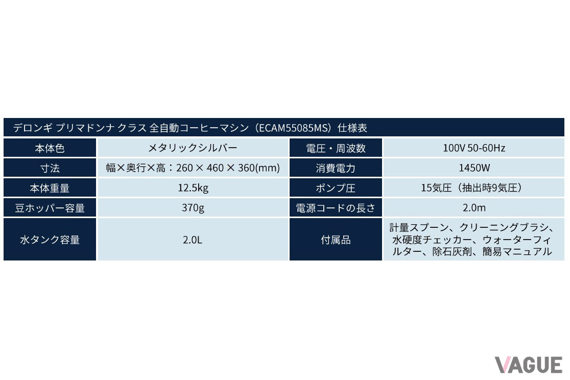 デロンギ「プリマドンナ クラス 全自動コーヒーマシン」の仕様