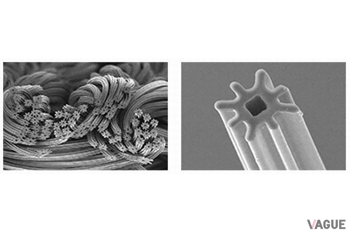穴の空いた中空糸に8本の突起を放射線状に配列したタコ足型断面のポリエステル繊維“Octa”。従来の中空糸を超える軽量感と吸汗速乾性を発揮し、遮熱効果にも優れている