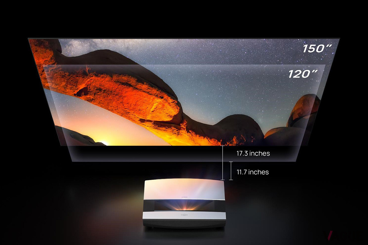 壁から10.9cm離すだけで80インチの映像を投影可能。さらに、壁から15.4cm離せば90インチ、20.9cm離せば100インチ、44.1cm離せば150インチの大画面を得られる