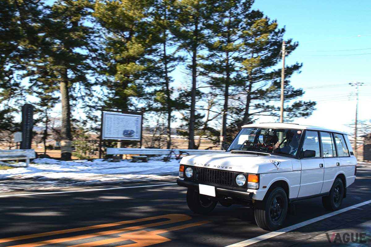 路肩に雪の残る松並木を走るクラシック・レンジローバー