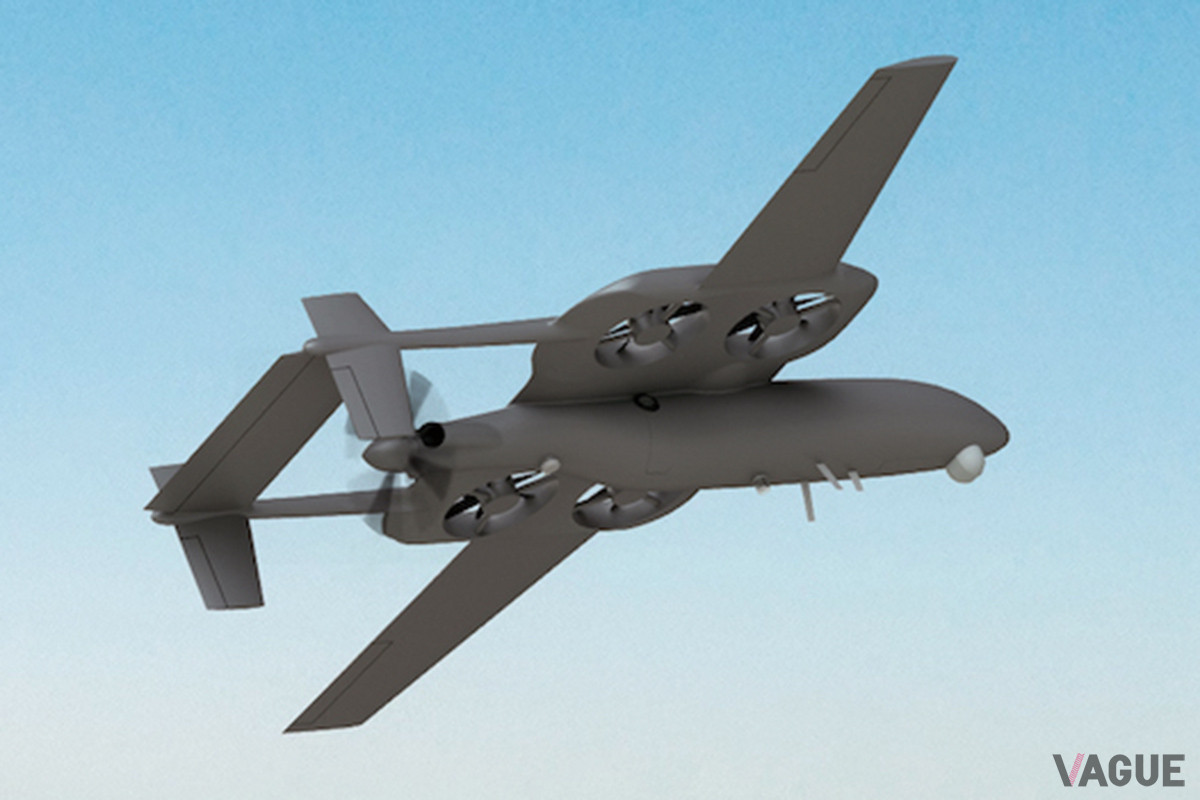 ヴォックス・エアクラフトのVTOL。機体中央の4つのプロペラも特徴的だが、垂直尾翼(後部の制御装置)が2枚ある構造も、航空機ではあまり見られない変わったレイアウトだ(C)Vox Aircraft