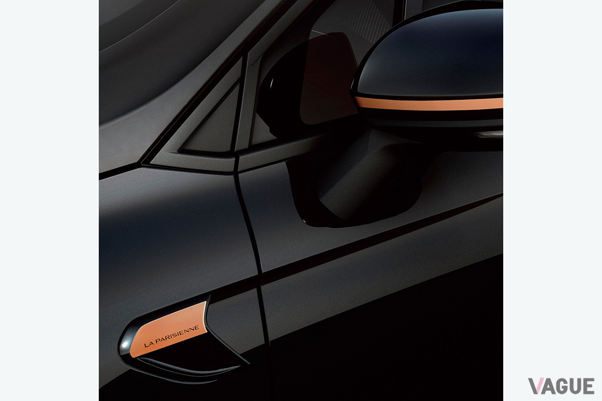 専用ブラスカラーに仕立てられた「ドアミラーストライプ」と「サイドフェンダーエンブレム」