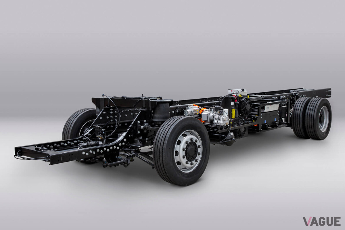 ボルタ・ゼロのシャシ。電気モーターやバッテリーはホイールベース内に収まる（C）Volta Trucks AB