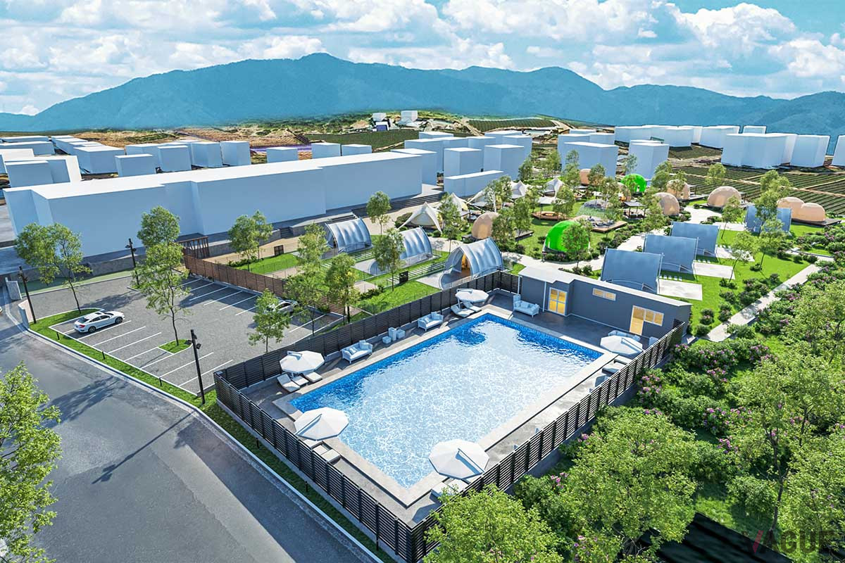旧島田市立湯日小学校の跡地をフルリノベーションし、全21棟と大型テントを配置したグランピング施設へと生まれ変わった「Glamping&Port 結」