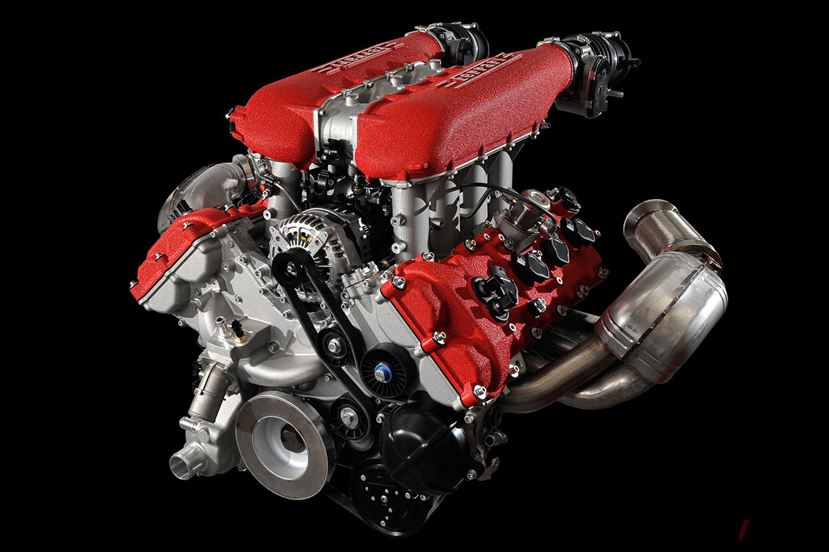 「Z06」のエンジニアが参考にした、フェラーリ「458」のV8エンジン。「F430」や「360モデナ」にもフラットプレーンクランクが使われている（C）Ferrari NV