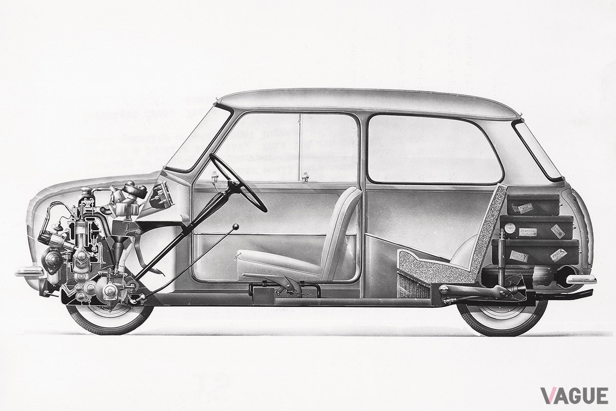 ミニの居住性を限界まで突き詰めた構造。初期のモデルは、当時ローバーに存在した中で最小のAシリーズエンジンを搭載していた（C）BMW AG