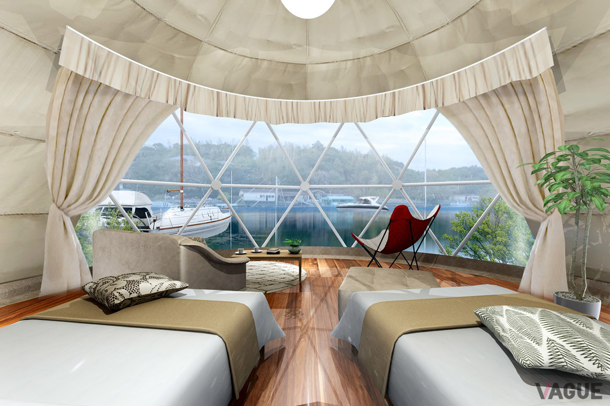 悪天候でも安心の大型ドームテント。各棟にエアコンが完備され、オールシーズン快適に過ごせる