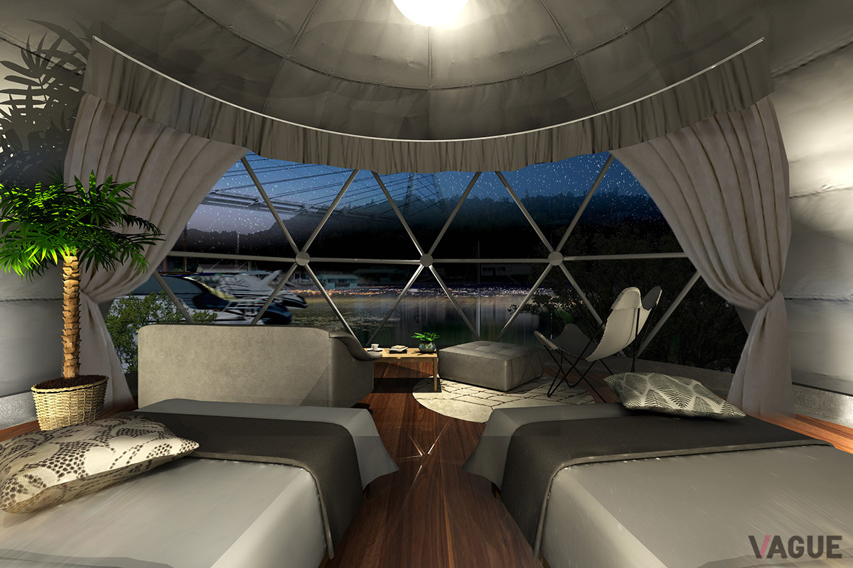 夜はテントのなかからも英虞湾や星空を眺められる。各棟のデッキには専用BBQスペースも備わる