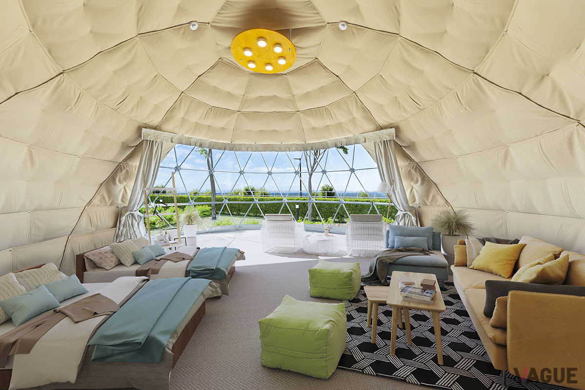 窓が大きくとられているため、室内から海や自然を臨める。全客室内にはエアコンが完備され、1年を通じて快適に滞在できる