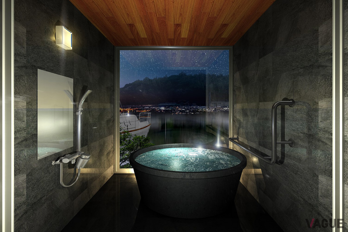 各棟に設置されたバスルームからは、刻々と移ろう空と海の色や、夜の海面を照らす月明かりなども楽しめる。