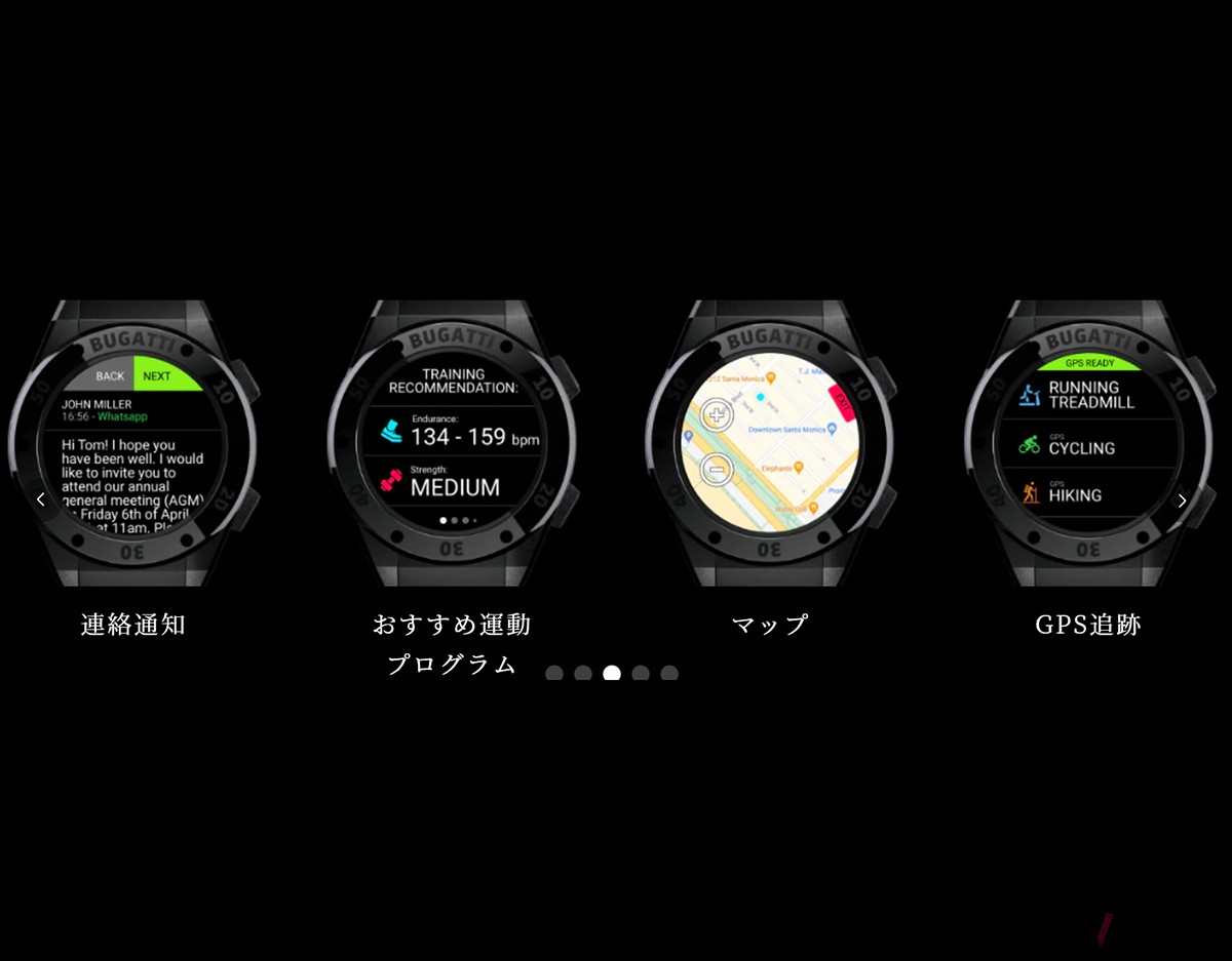 アプリ画面。左より「連絡通知」「おすすめ運動プログラム」「マップ」「GPS追跡」