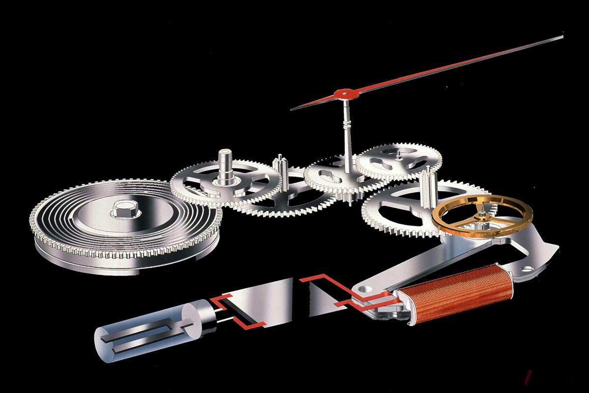 これがスプリングドライブ式ムーブメントの機構図。ゼンマイを動力源とし、歯車を回転させる点は機械式ムーブメントと同じ。しかしその回転速度をコントロールするのは、クオーツ回路が担当。アナログとデジタルのハイブリッド・メカニズムだ。