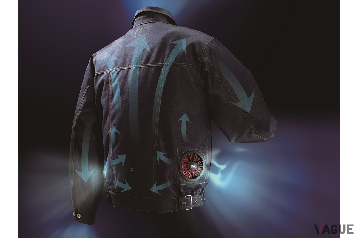 両脇の腰の位置に小型ファンを搭載。外気を服のなかに取り入れて体と服の間に大量の風の流れを生み出し、汗の気化が促進する