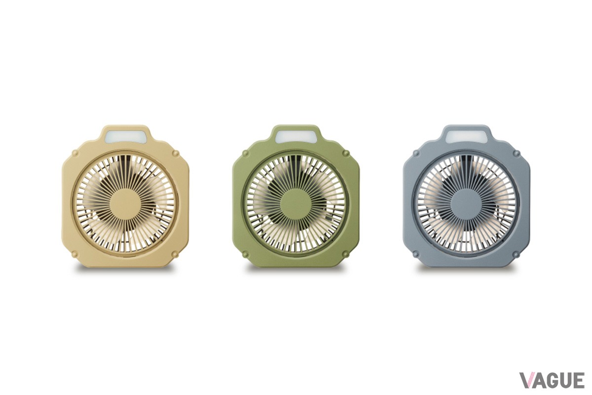 コンパクトで気軽に使える羽根径14cmの「Wind GEAR 14」（7700円、カラーは左からサンドベージュ、オリーブドラブ、ストーングレー）