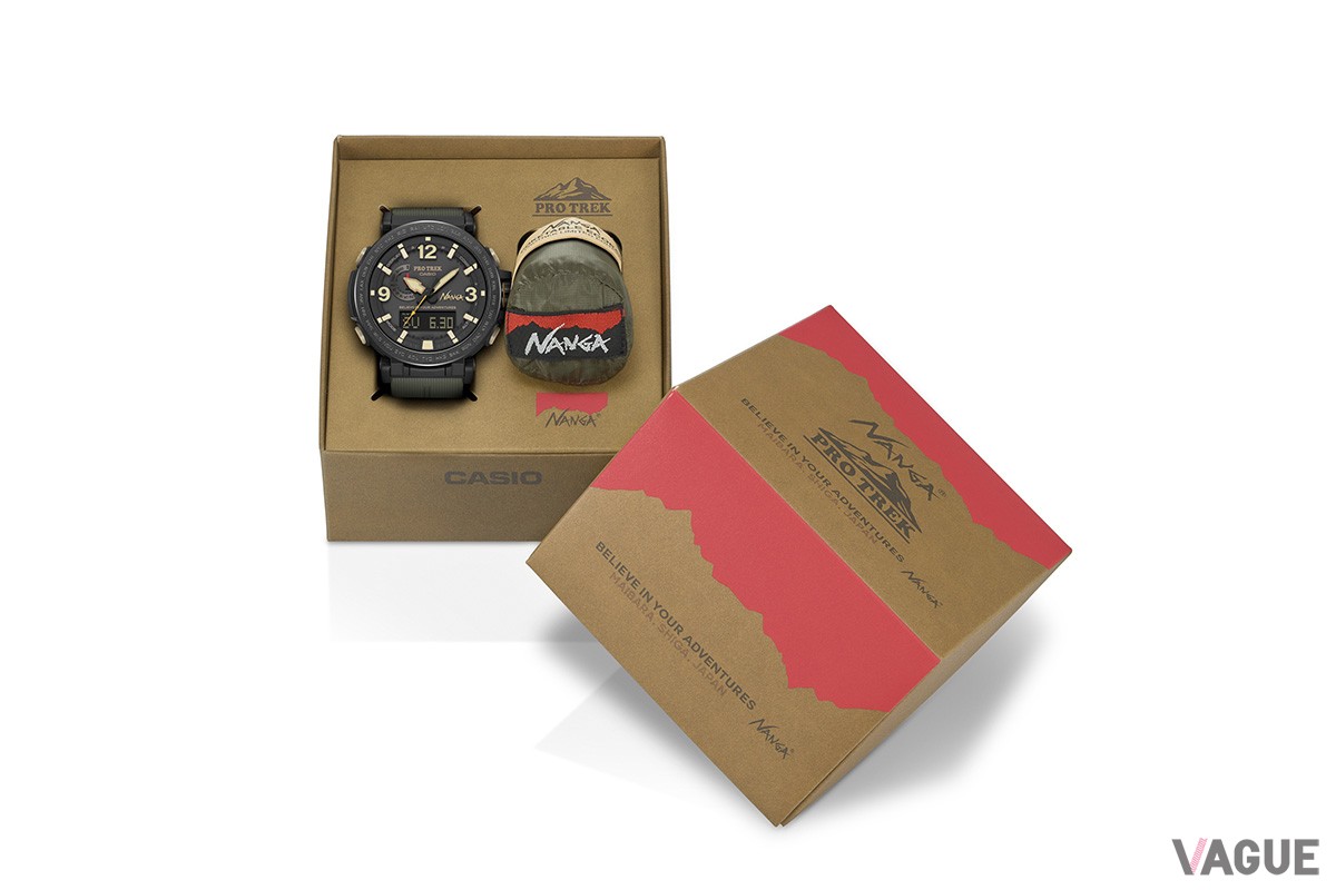 「PRW-6630NA-1A3JR」NANGA×CASIO・PRO TREKコラボレーションウォッチ。箱にはコラボレーションということが分かるロゴが