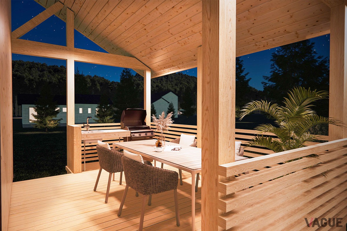 トレーラーハウスのリビングからつづくウッドデッキではBBQも楽しめる