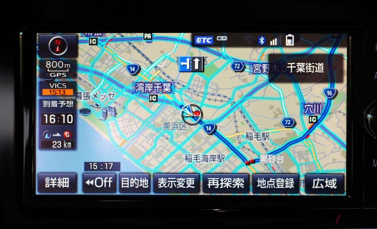 北を上にするノースアップでの表示。スケールは広域で使った方が使いやすい