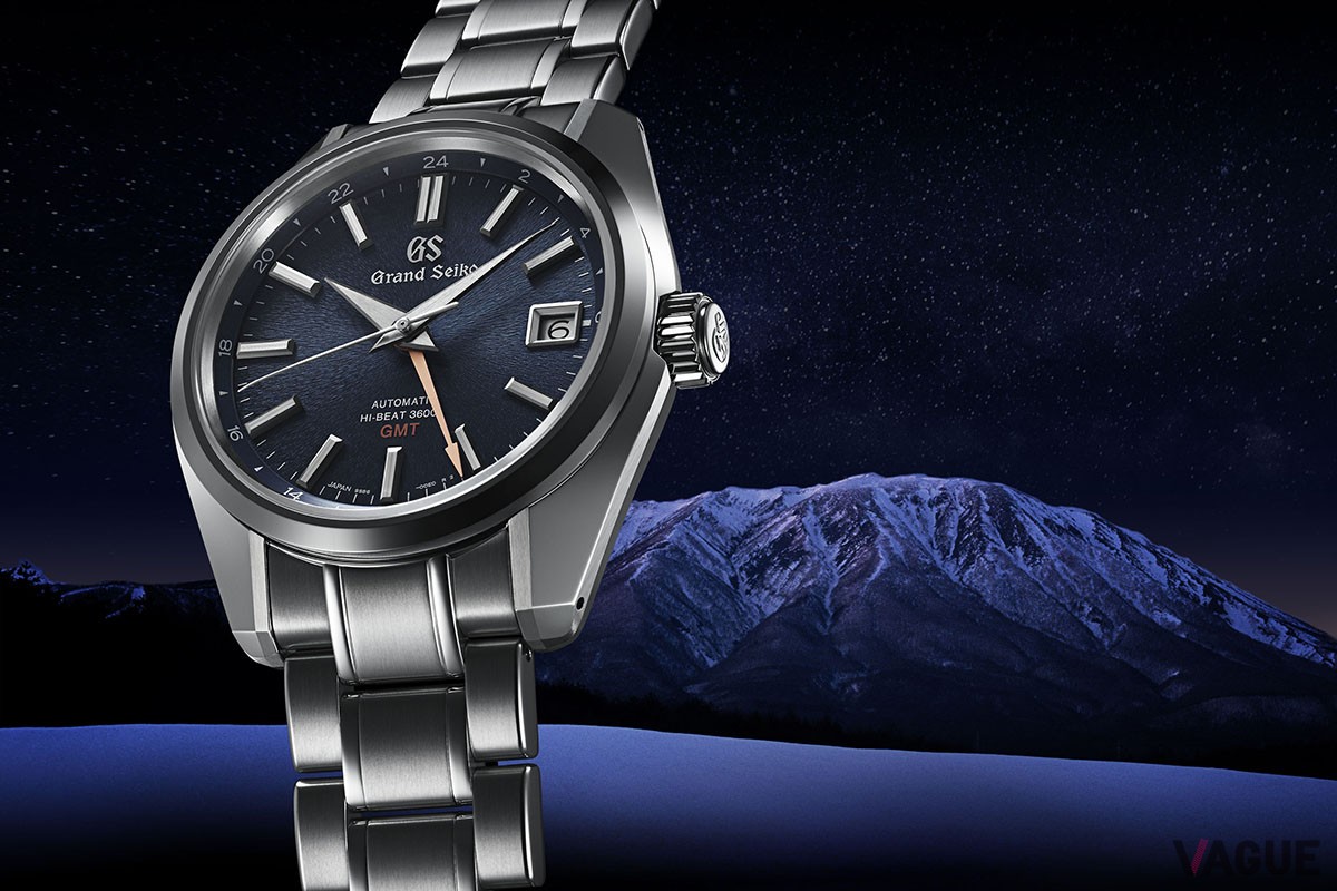 ハイビート＆GMT機能の自社製ムーブメント、Cal.9S86を搭載した「SBGJ235」。深みのあるブルーダイヤルに、ほのかなゴールドのGMT針が映える。ダイヤルの岩手山パターンは放射状に入っており、光によって美しく濃淡を変える。自動巻き、SSケース、ケース径40mm。73万7000円（消費税込）