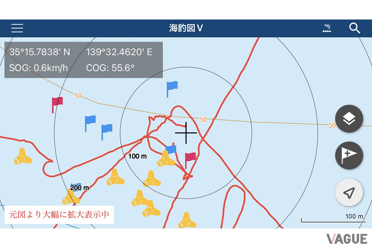 海釣図は、僕のボート釣りにはなくてはならないアプリです。船上ではiPadで見ていますが、こちらの画面はスマホ版。データを手動で同期できるので、釣りに行かないときも船を流した履歴やプロットした海底地形などを見ながら、次の釣行の作戦を立てています