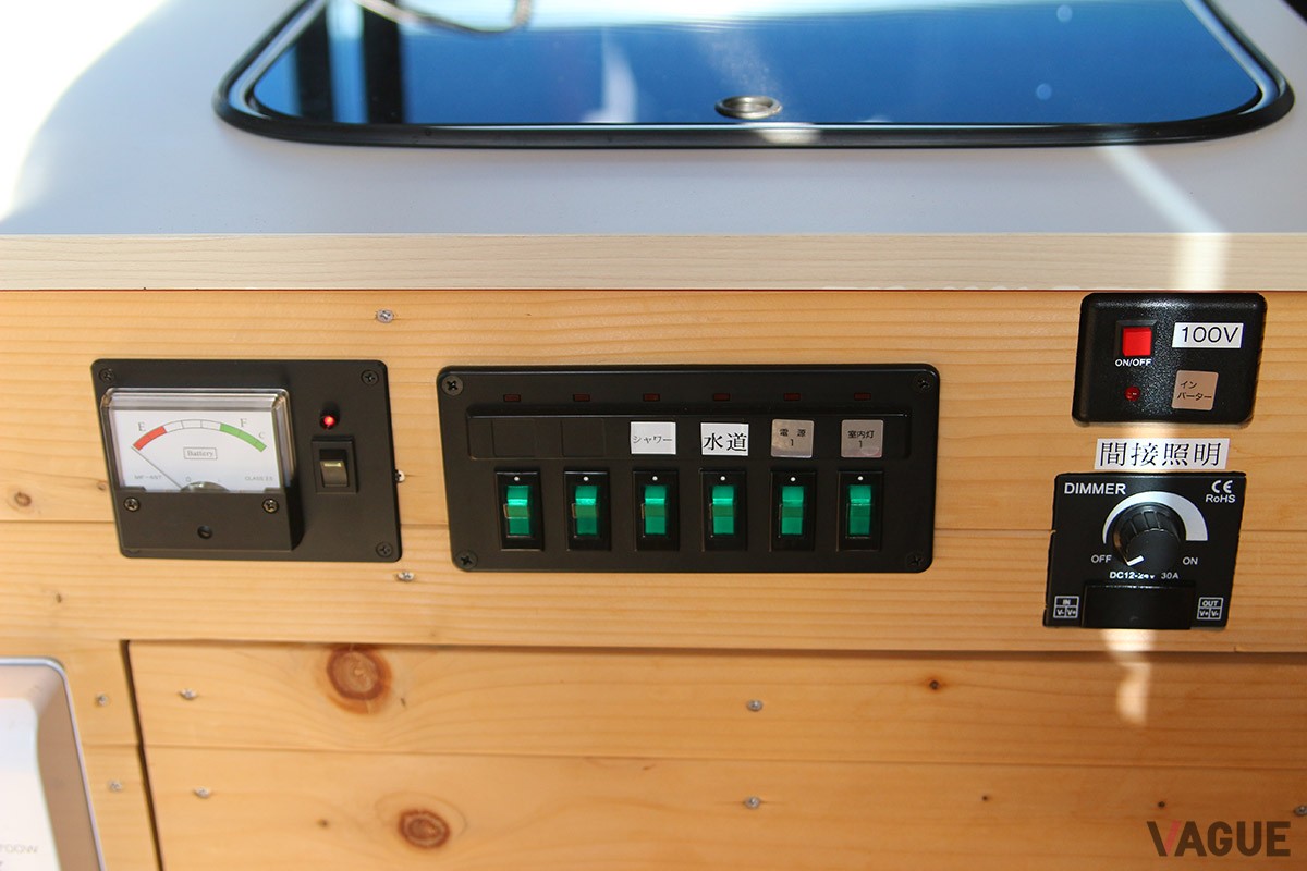 電源類のスイッチは出入り口そばのシンクのすぐそばに集中させている。そばには電子レンジやテレビ、ポータブル冷蔵庫などもある。外ですごすことが多い夏のキャンプにも使い勝手がよさそう