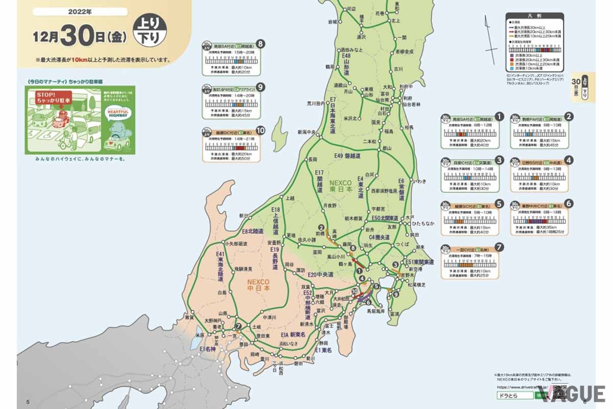 NEXCO東日本の「渋滞予報ガイド」2022−2023年年末年始版　12/30の予測