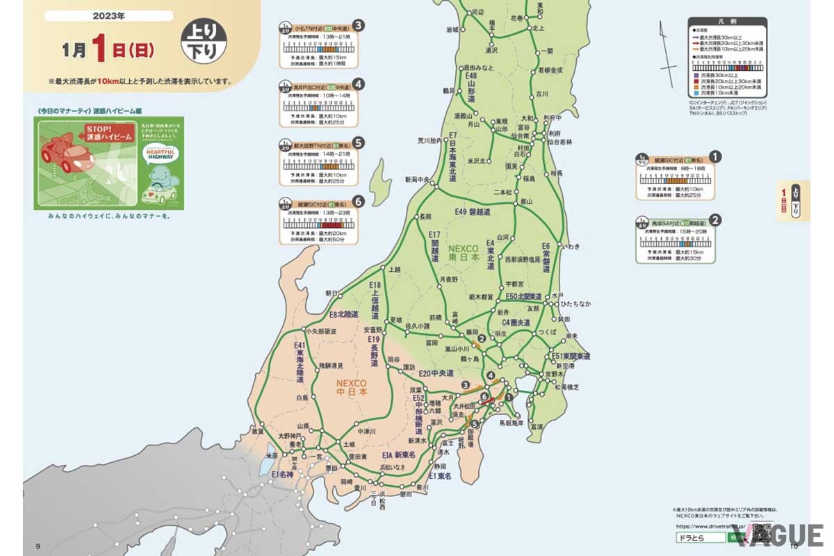 NEXCO東日本の「渋滞予報ガイド」2022−2023年年末年始版　1/1の予測