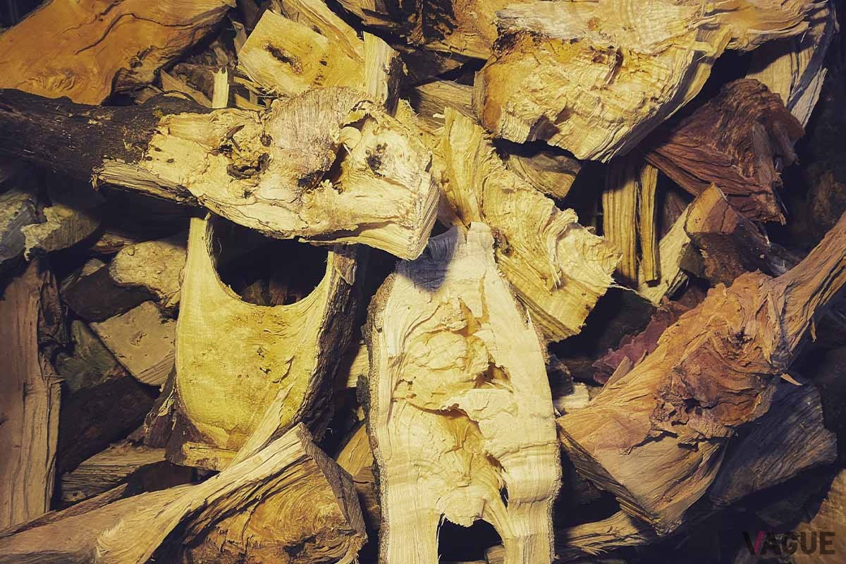 繊維が不揃いだったり、節に当たる歪んだりしている“グネ薪”は、見かけこそ歪ですが、燃え方に個性があるため焚火マニアから指名買いされるほどの人気