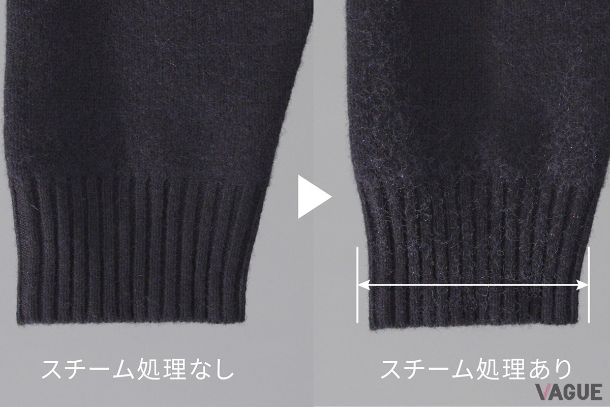 実証実験では、伸びてしまったニットの袖口に高温スチームを当てると伸びていた袖口が元の形状に近づくという効果を獲得
