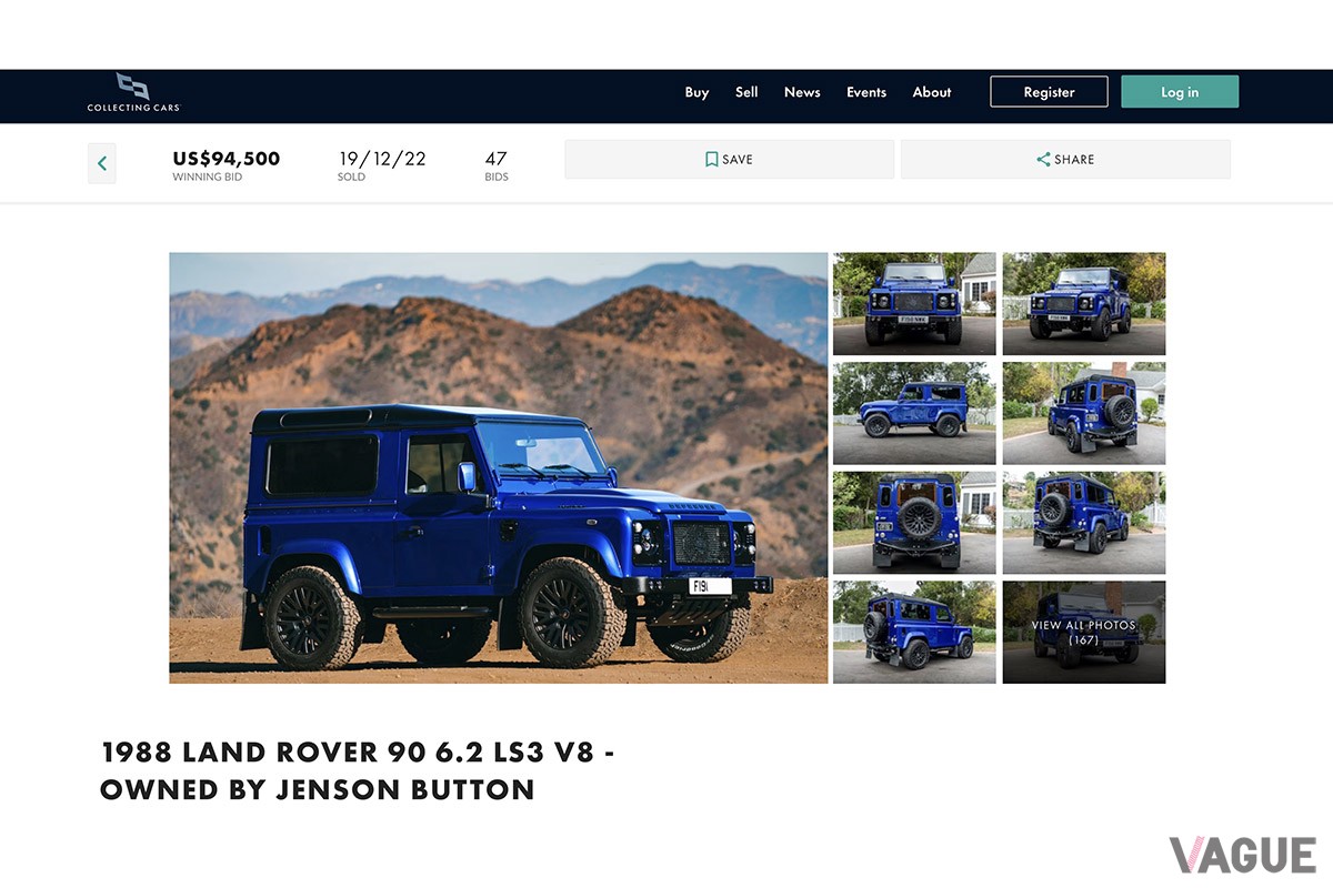 オークションサイトの紹介ページにはしっかりと、「JENSON BUTTON」の名がうたわれていた（C）Collecting Cars