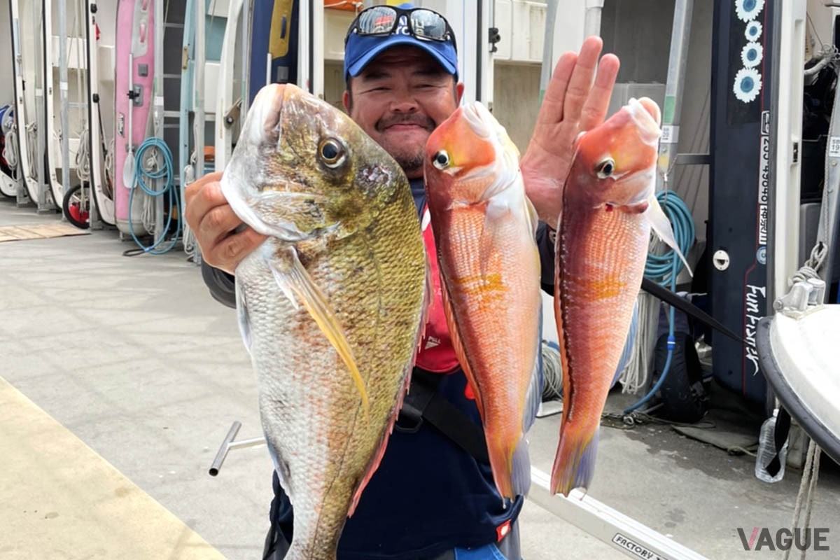 初夏に、マダイ狙いのタイラバでこの釣果。タイラバなら、美味しい魚のダブルキャッチも可能です