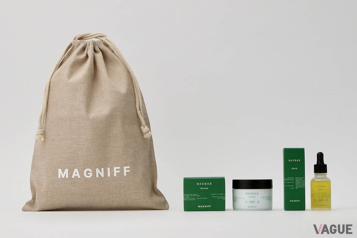 MAGNIFFはバオバブとカカイという希少な植物の種子から非加熱・低温で圧搾したオイルでつくった「ロウソープ」と「スキンオイル」を展開