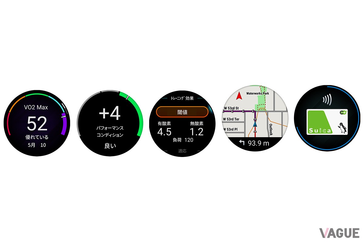 （左から）VO2 Max、パフォーマンスコンディション、トレーニング効果、フルカラーマップ、Suica