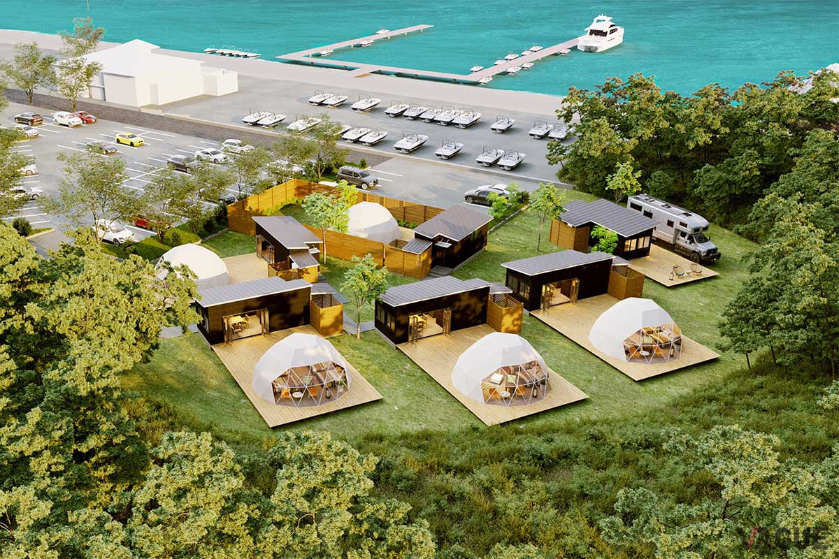 宿泊棟は、人気のドーム型テント5棟と、高規格RVパーク1棟の計6棟で構成される